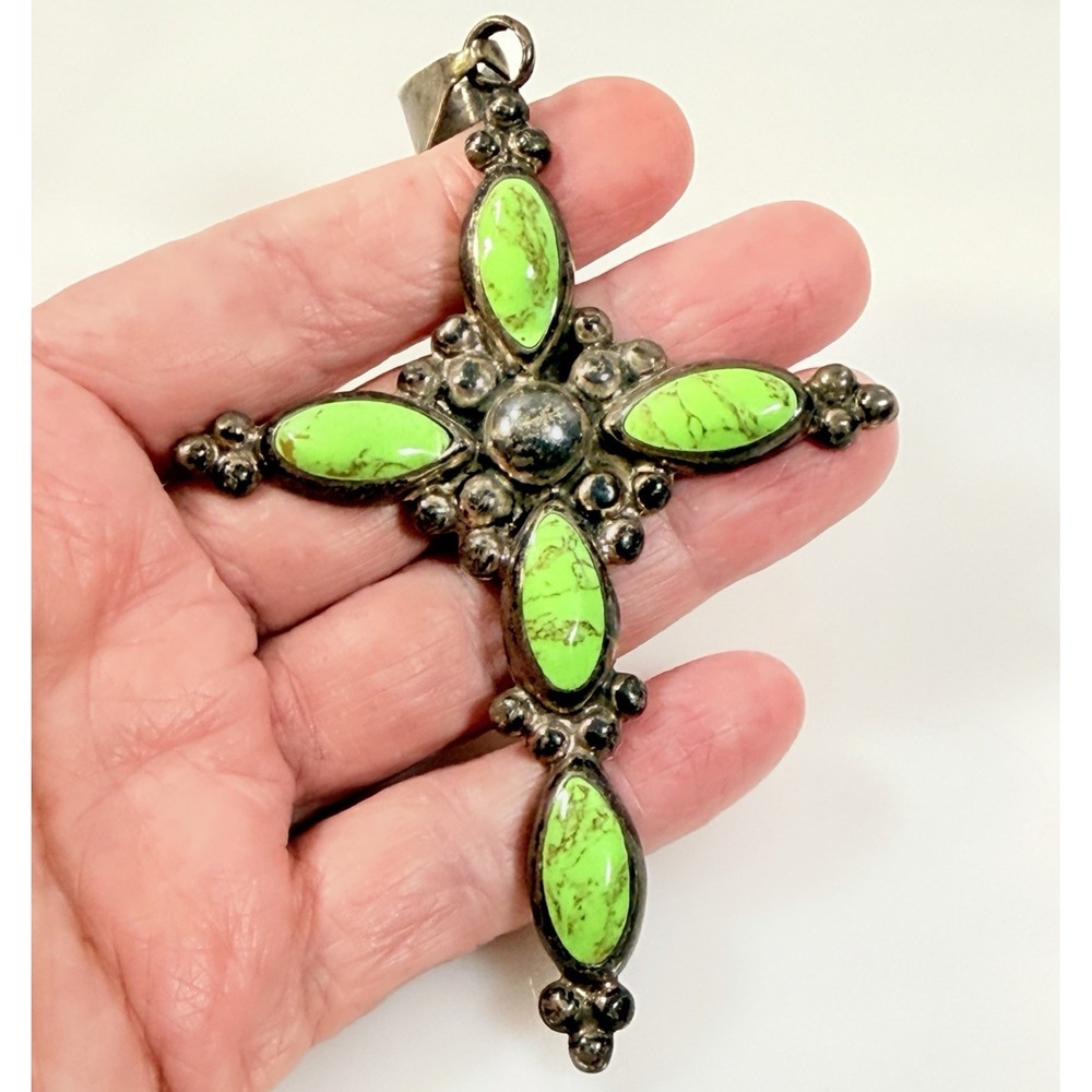 Vintage Taxco Mexico Sterling Silver Cross Pendant 925 Green Stone 4 3/8" 29g